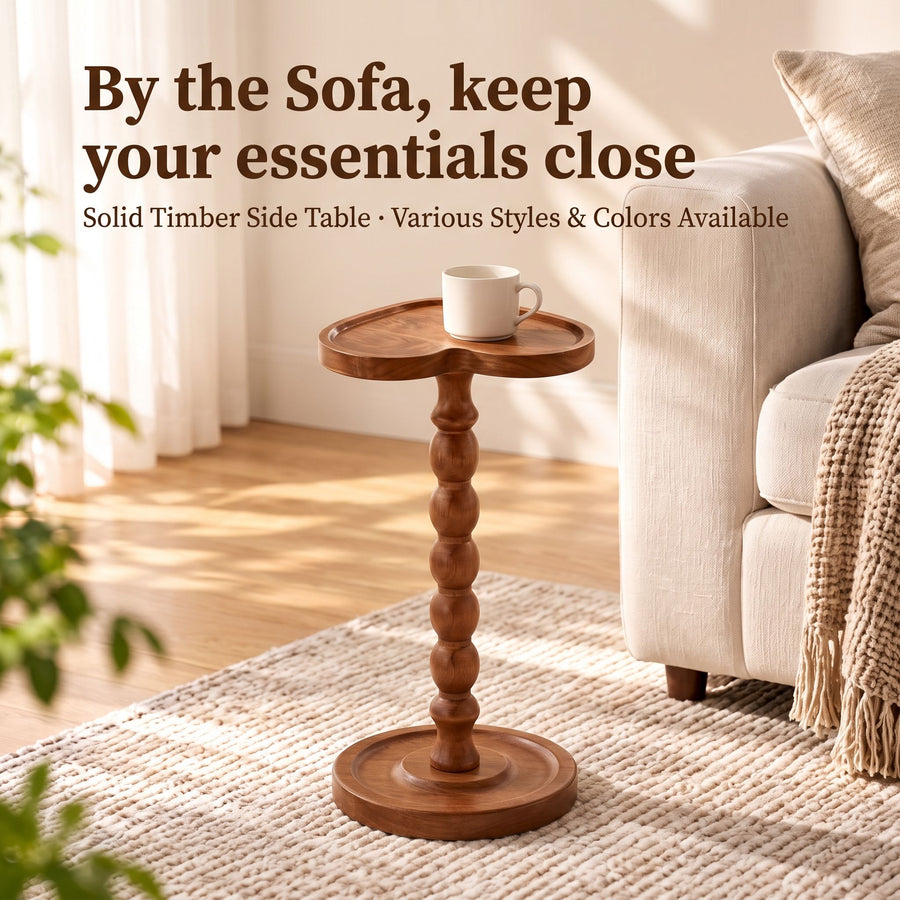 Solid Rubberwood Gourd Shape Side Table with Raised Edge, Compact Round Top for Sofa, Bedside, Small Spaces, No Odor (Walnut)