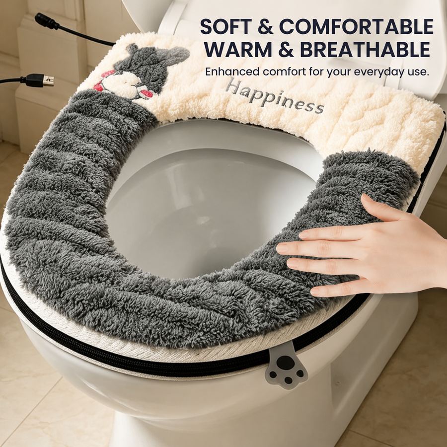 USB-Powered Heated Toilet Seat Cover with Soft Plush and Waterproof PU Leather, Adjustable Temperature and Timer, Easy-Clean Design for Warm and Cozy Bathroom Experience (Grey)