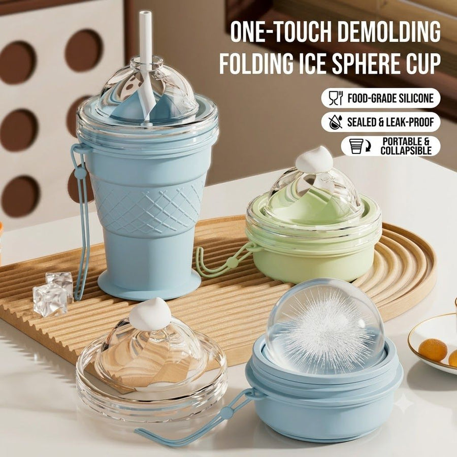 Silicone Ice Cream Cone Ice Cube Tray & Collapsible Cup – Make Sphere Ice Balls Easily, One-Click Release, Portable Reusable Freezer Mold for Smoothies, Juices, Cocktails and Outdoor Camping Drinks (Blue)