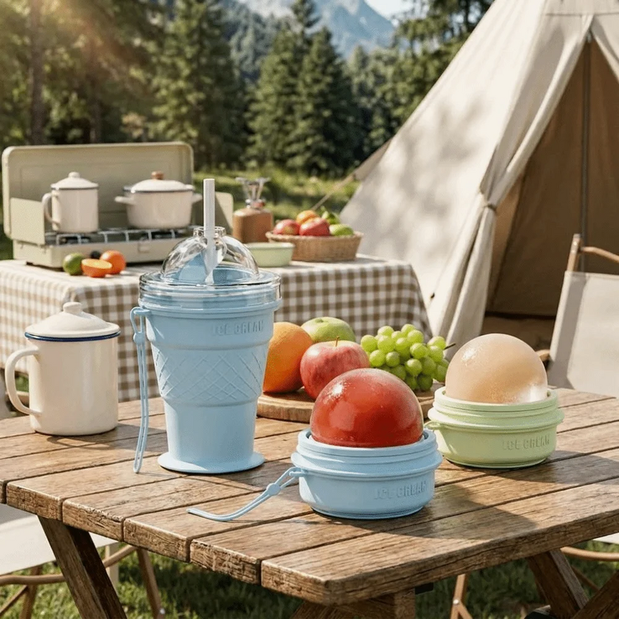 Silicone Ice Cream Cone Ice Cube Tray & Collapsible Cup – Make Sphere Ice Balls Easily, One-Click Release, Portable Reusable Freezer Mold for Smoothies, Juices, Cocktails and Outdoor Camping Drinks (Blue)