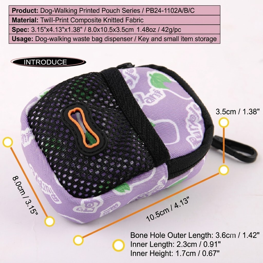 Stylish Printed Dog Walk Pouch, Pet Waste Bag Dispenser with Bone-Shaped Outlet, Mini Backpack Design with Hooks and Straps for Leashes, Keys, and Small Essentials (Purple)