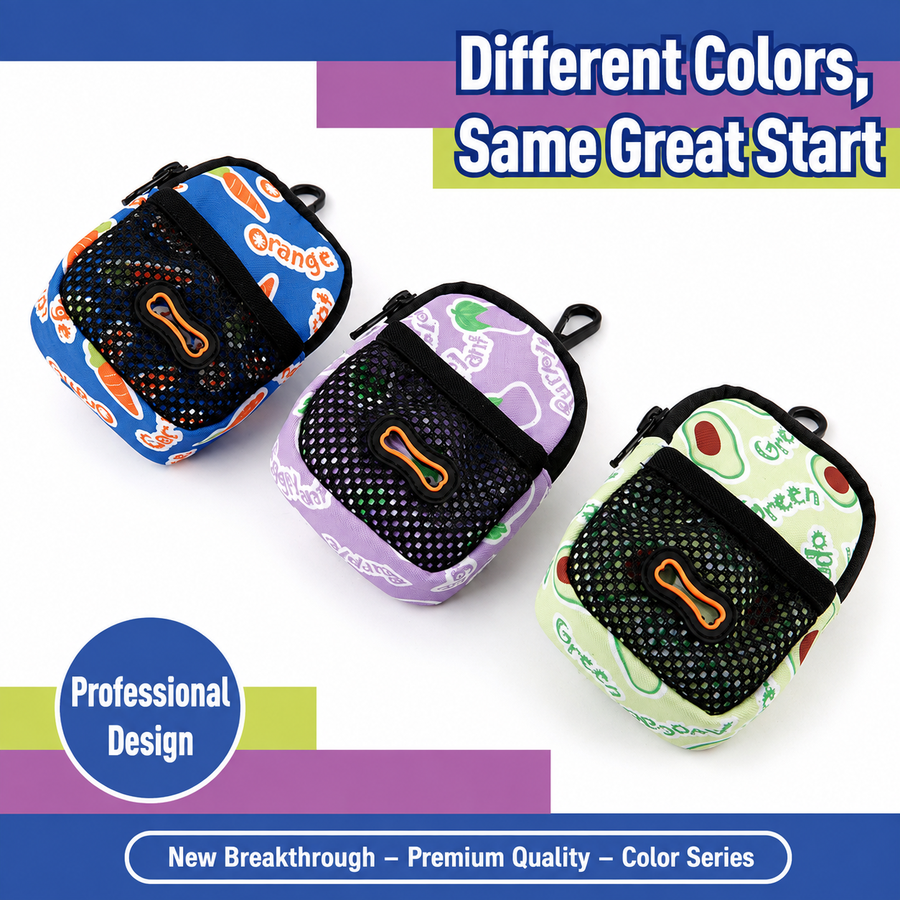 Stylish Printed Dog Walk Pouch, Pet Waste Bag Dispenser with Bone-Shaped Outlet, Mini Backpack Design with Hooks and Straps for Leashes, Keys, and Small Essentials (Purple)