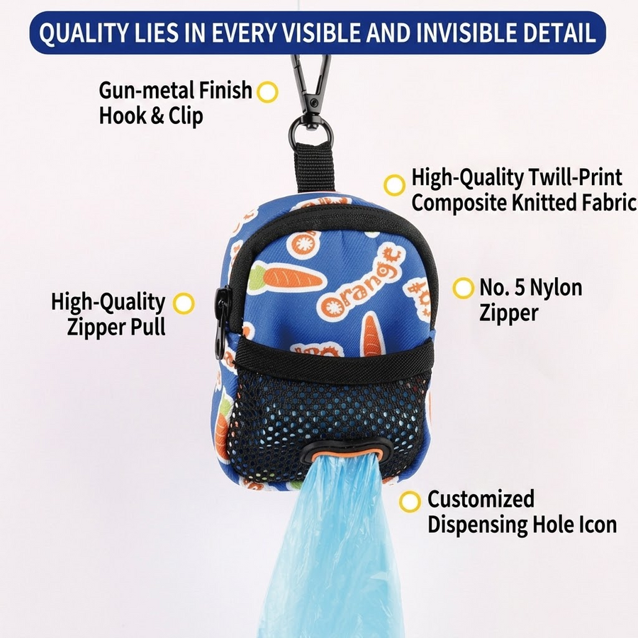 Stylish Printed Dog Walk Pouch, Pet Waste Bag Dispenser with Bone-Shaped Outlet, Mini Backpack Design with Hooks and Straps for Leashes, Keys, and Small Essentials (Purple)