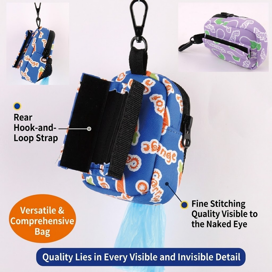 Stylish Printed Dog Walk Pouch, Pet Waste Bag Dispenser with Bone-Shaped Outlet, Mini Backpack Design with Hooks and Straps for Leashes, Keys, and Small Essentials (Purple)