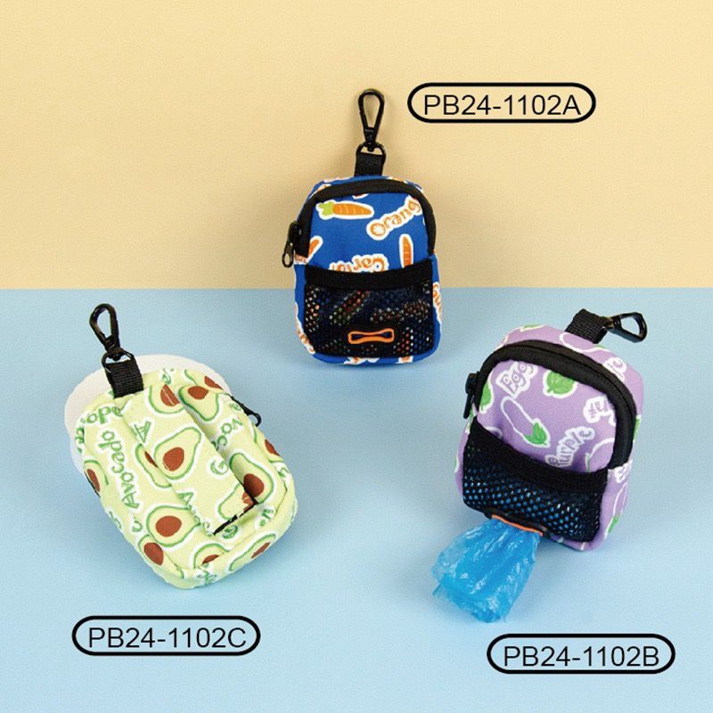 Stylish Printed Dog Walk Pouch, Pet Waste Bag Dispenser with Bone-Shaped Outlet, Mini Backpack Design with Hooks and Straps for Leashes, Keys, and Small Essentials (Purple)