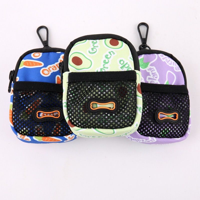Stylish Printed Dog Walk Pouch, Pet Waste Bag Dispenser with Bone-Shaped Outlet, Mini Backpack Design with Hooks and Straps for Leashes, Keys, and Small Essentials (Purple)