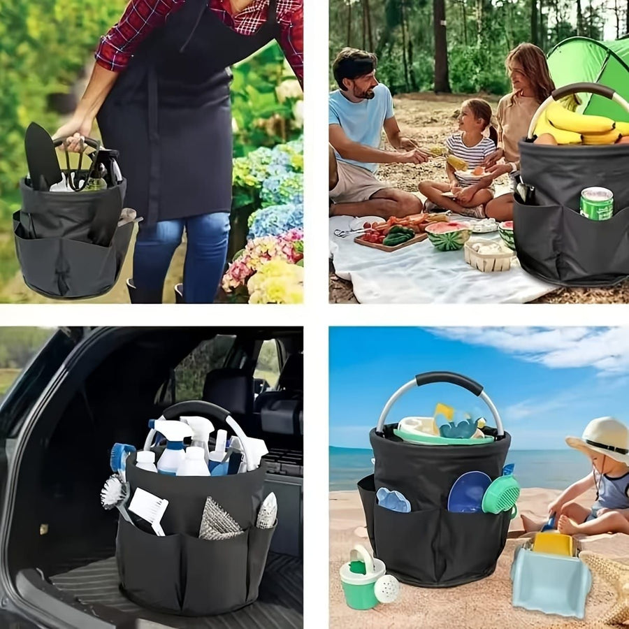 Foldable Carry-All Tote with Handle and Multiple Pockets – Portable Collapsible Laundry Basket for Outdoor Travel, Camping, Picnic, Beach, and Home Organization (Navy)