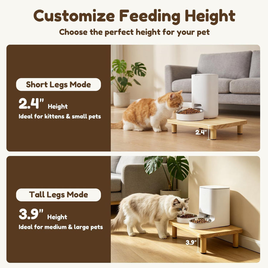 Elevate Your Pet’s Dining Experience with a Natural Pine Wood Feeder Stand, Featuring Two Interchangeable Leg Heights for Puppies to Large Breeds, Compatible with Most Automatic Feeders, and Designed to Promote Healthier Posture While Complementing Modern
