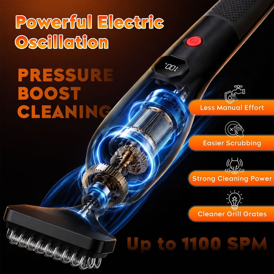 Electric Oscillating Grill Cleaning Brush with Three Replaceable Heads for Outdoor Barbecue Grills, Camping Cookware, Patio Griddles and Home Kitchen Flat Top Surfaces (Black)