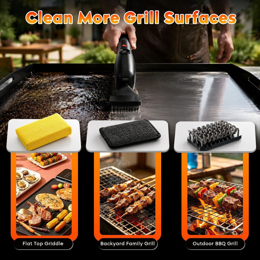Electric Oscillating Grill Cleaning Brush with Three Replaceable Heads for Outdoor Barbecue Grills, Camping Cookware, Patio Griddles and Home Kitchen Flat Top Surfaces (Black)