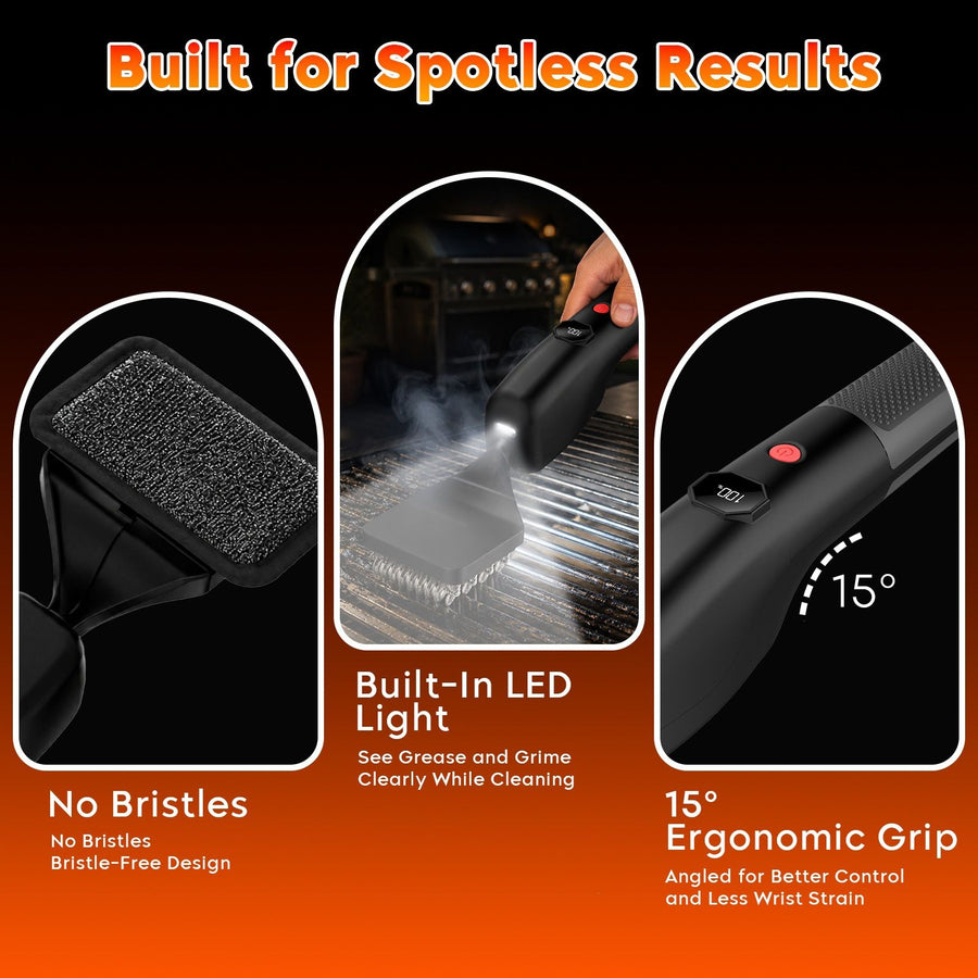 Electric Oscillating Grill Cleaning Brush with Three Replaceable Heads for Outdoor Barbecue Grills, Camping Cookware, Patio Griddles and Home Kitchen Flat Top Surfaces (Black)