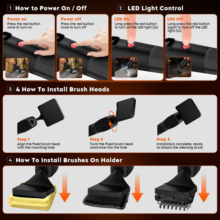 Electric Oscillating Grill Cleaning Brush with Three Replaceable Heads for Outdoor Barbecue Grills, Camping Cookware, Patio Griddles and Home Kitchen Flat Top Surfaces (Black)