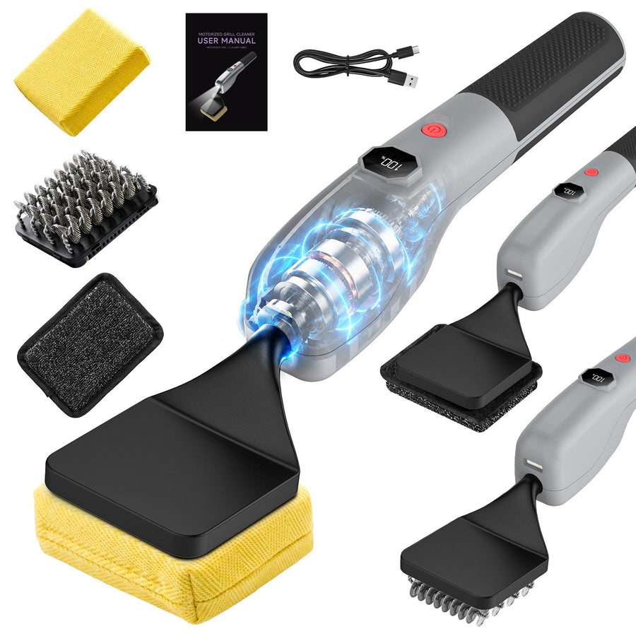 Electric Oscillating Grill Cleaning Brush with Three Replaceable Heads for Outdoor Barbecue Grills, Camping Cookware, Patio Griddles and Home Kitchen Flat Top Surfaces (Grey)