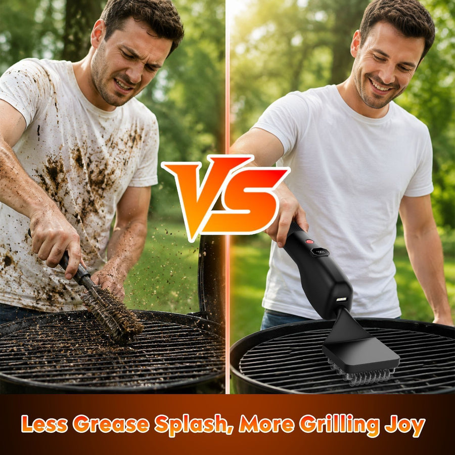 Electric Oscillating Grill Cleaning Brush with Three Replaceable Heads for Outdoor Barbecue Grills, Camping Cookware, Patio Griddles and Home Kitchen Flat Top Surfaces (Grey)
