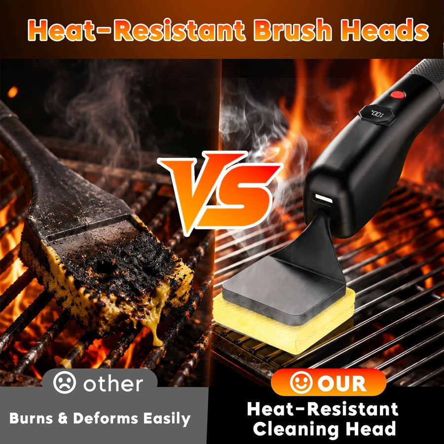 Electric Oscillating Grill Cleaning Brush with Three Replaceable Heads for Outdoor Barbecue Grills, Camping Cookware, Patio Griddles and Home Kitchen Flat Top Surfaces (Grey)