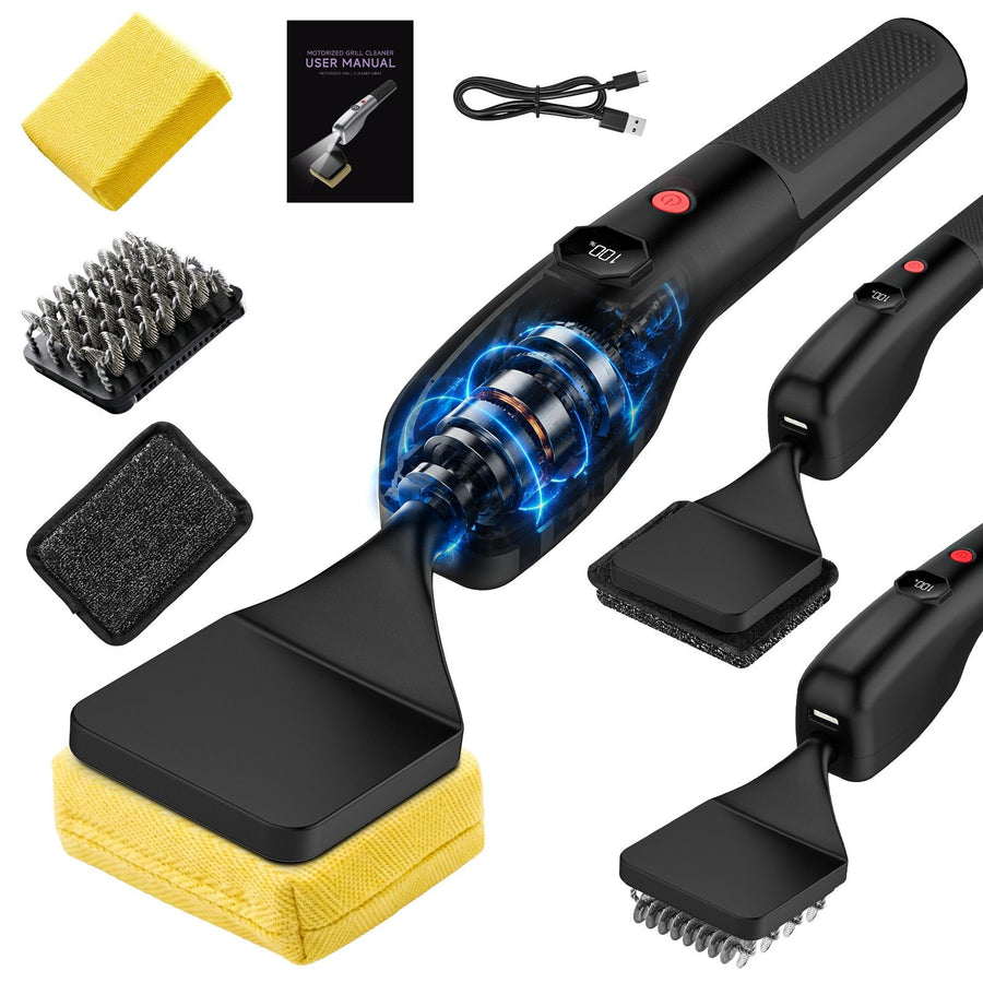 Electric Oscillating Grill Cleaning Brush with Three Replaceable Heads for Outdoor Barbecue Grills, Camping Cookware, Patio Griddles and Home Kitchen Flat Top Surfaces (Grey)