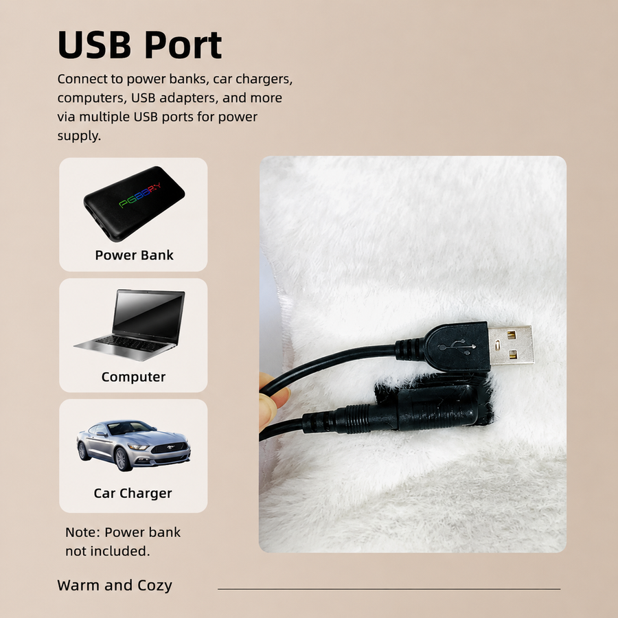 USB-Powered Faux Rabbit Fur Heating Pad for Office, Car, and Outdoor Use – Soft, Portable, and Adjustable Temperature with Timer (White)