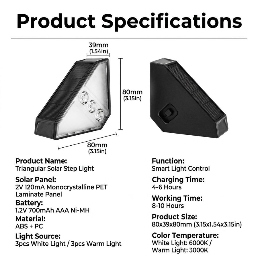 Solar Powered Triangle Step Light with Monocrystalline Silicon Panel, Auto On at Dusk, IP65 Waterproof for Outdoor Stairs, Pathways, Patios, and Garden Steps – Choose Cool White 6000K or Warm Yellow 3000K for Safe Nighttime Illumination (6PCS, Warm White