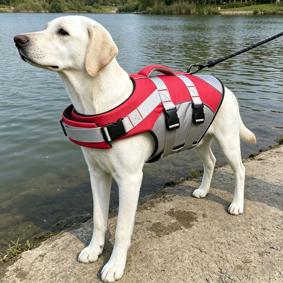 Dog Life Jacket Pet Swim Vest with Rescue Handle Reflective Strips Adjustable Quick Release Buckle for Beach River Lake Boating and Water Play Safety (M, Red)