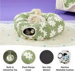 2-in-1 Plush Donut Cat Tunnel Bed, Checkered Pattern Pet Cave with Interactive Hanging Ball, Non-Slip Bottom, Foldable Design for Indoor Cats and Kittens (Blue)