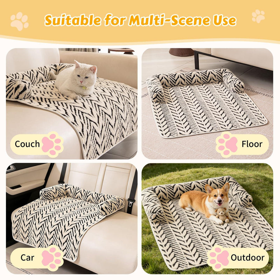 Ultra-Soft Plush Pet Sofa Bed with Bolster Support, Washable Couch Protector Mat for Cats and Small to Medium Dogs, Multi-Scenario Use for Home, Car, or Outdoor (S, Brown)