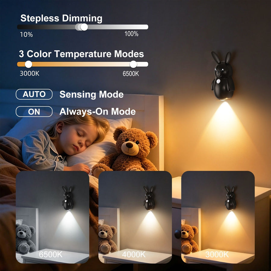 Adorable bunny-shaped motion sensor wall light with magnetic mounting, flicker-free LED, and three color temperatures—perfect for bedrooms, hallways, and staircases to create a warm, hands-free glow at night. (Blush, 3PCS)
