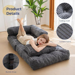 Foldable Corduroy Sofa Bed with Quilted Buttons and Pillow, Convertible Lounger for Reading, Gaming, Napping, and Relaxing at Home (Black)