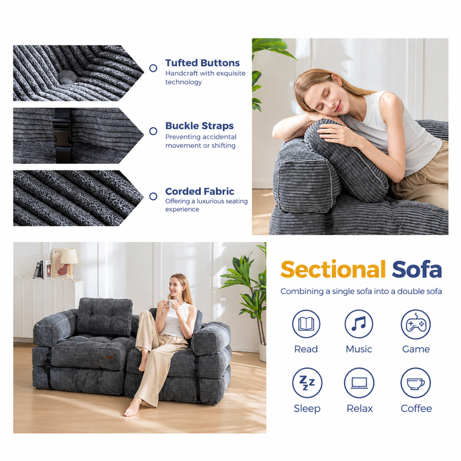 Foldable Corduroy Sofa Bed with Quilted Buttons and Pillow, Convertible Lounger for Reading, Gaming, Napping, and Relaxing at Home (Black)