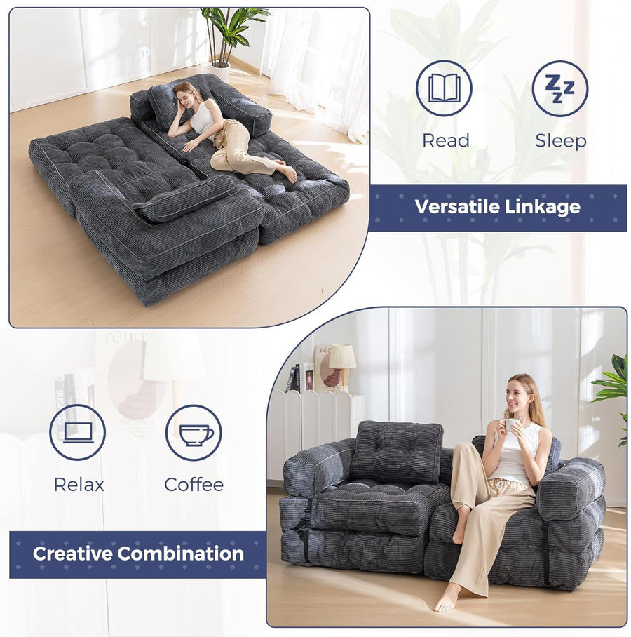 Foldable Corduroy Sofa Bed with Quilted Buttons and Pillow, Convertible Lounger for Reading, Gaming, Napping, and Relaxing at Home (Black)