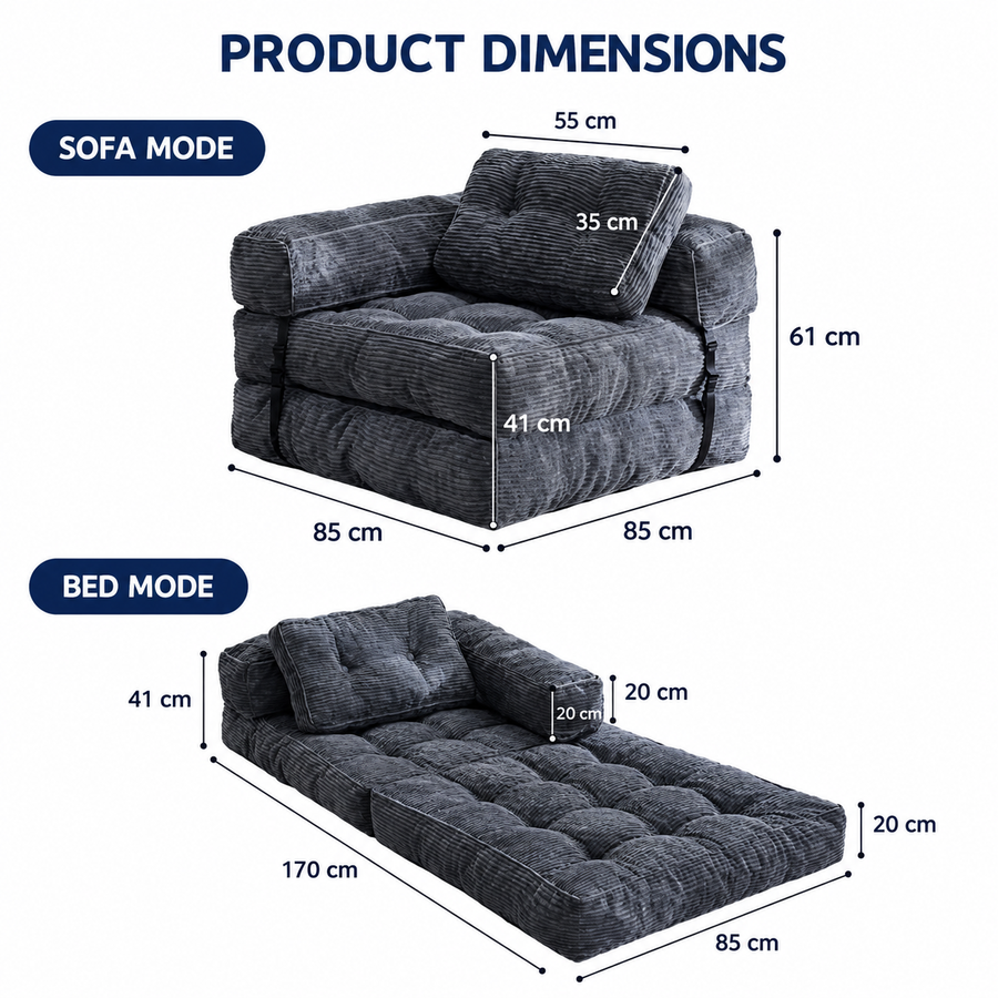 Foldable Corduroy Sofa Bed with Quilted Buttons and Pillow, Convertible Lounger for Reading, Gaming, Napping, and Relaxing at Home (Pink)