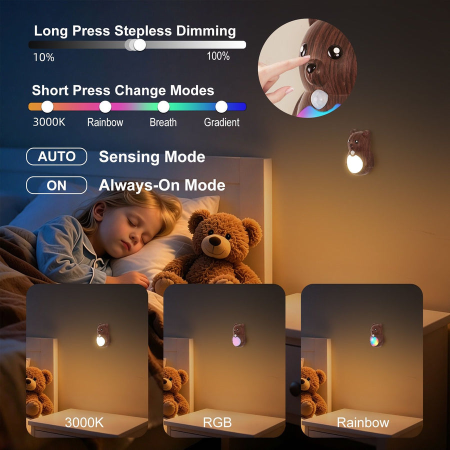 Adorable Cartoon Bear Magnetic Motion Sensor Night Light – Rechargeable LED Wall Lamp with Warm and Rainbow Glow, Cordless Stick-On Lighting for Bedroom, Hallway, Staircase, and Kitchen (Silver, 1PCS)