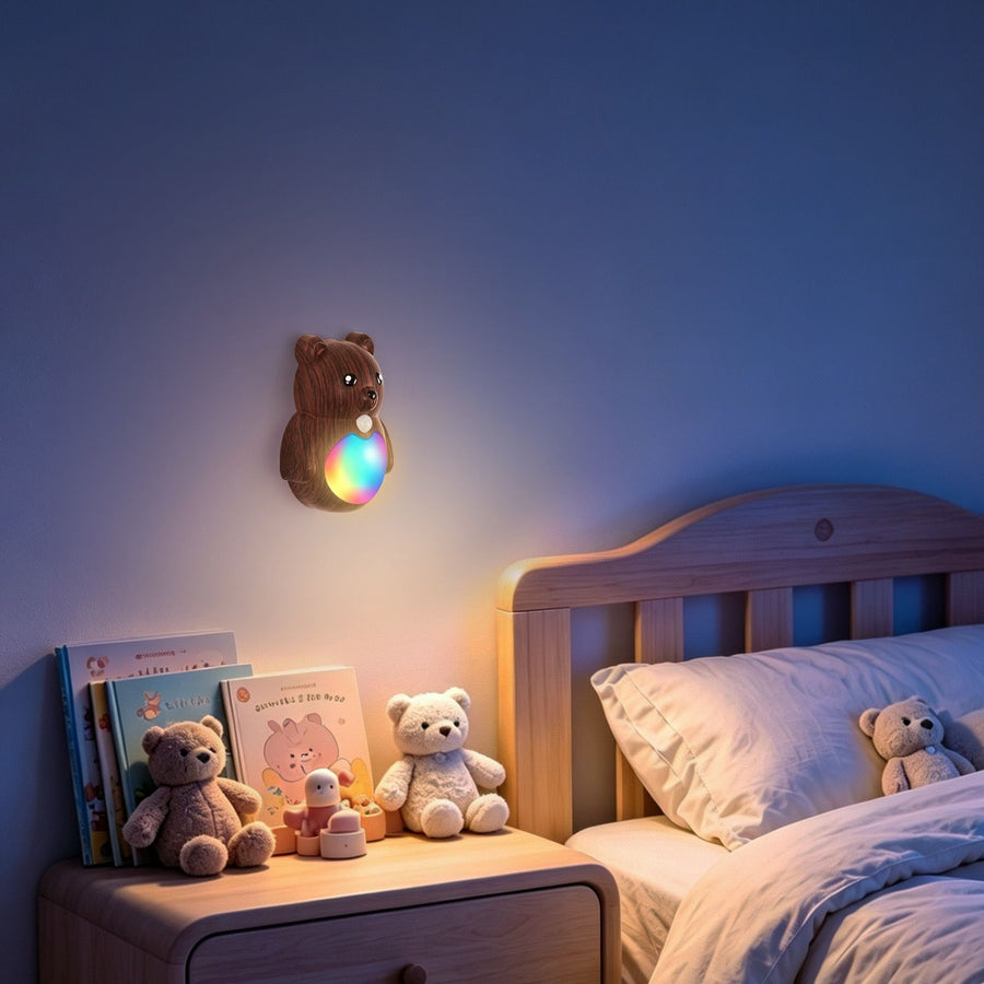 Adorable Cartoon Bear Magnetic Motion Sensor Night Light – Rechargeable LED Wall Lamp with Warm and Rainbow Glow, Cordless Stick-On Lighting for Bedroom, Hallway, Staircase, and Kitchen (Silver, 1PCS)