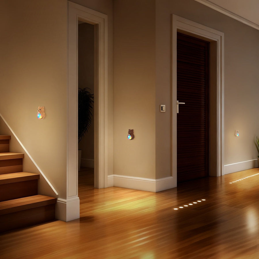 Adorable Cartoon Bear Magnetic Motion Sensor Night Light – Rechargeable LED Wall Lamp with Warm and Rainbow Glow, Cordless Stick-On Lighting for Bedroom, Hallway, Staircase, and Kitchen (Walnut Grain, 1PCS)