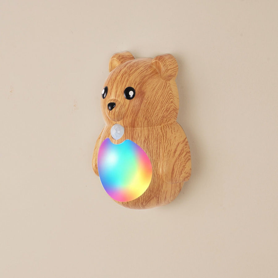Adorable Cartoon Bear Magnetic Motion Sensor Night Light – Rechargeable LED Wall Lamp with Warm and Rainbow Glow, Cordless Stick-On Lighting for Bedroom, Hallway, Staircase, and Kitchen (Walnut Grain, 1PCS)
