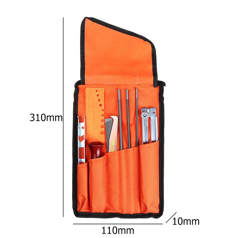Chainsaw Chain Sharpening Kit with Roll-Up Pouch, Round Files, Flat File, Depth Gauge, Guide and Cleaning Tool for Outdoor Logging and Home Chainsaw Maintenance (E)