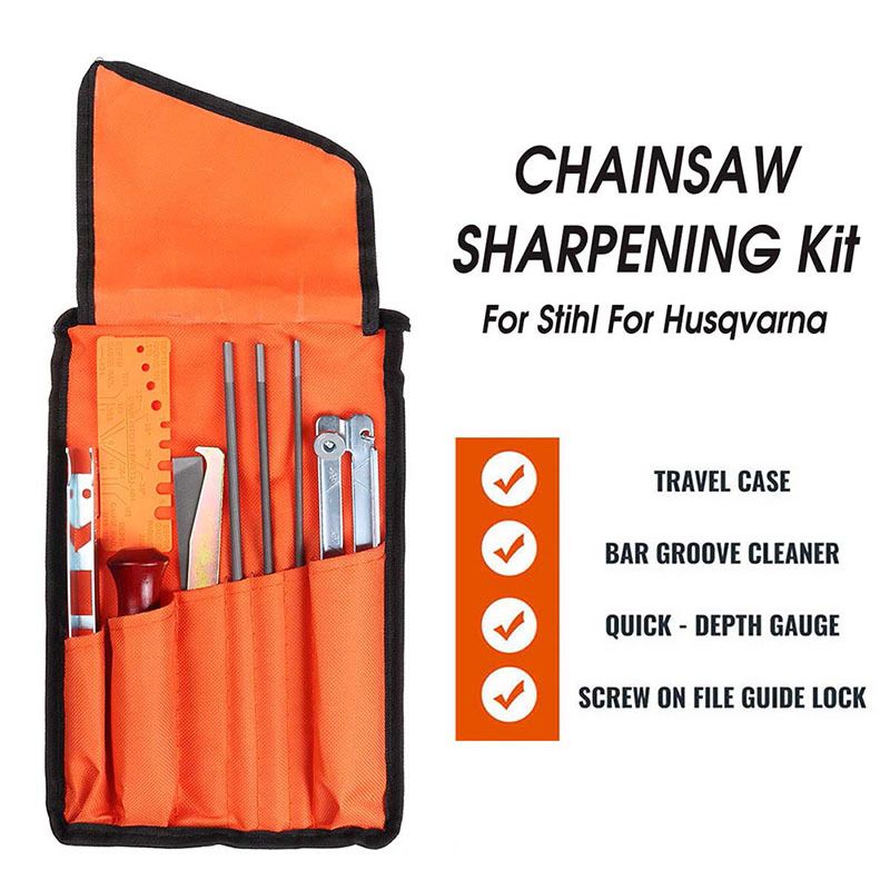 Chainsaw Chain Sharpening Kit with Roll-Up Pouch, Round Files, Flat File, Depth Gauge, Guide and Cleaning Tool for Outdoor Logging and Home Chainsaw Maintenance (E)