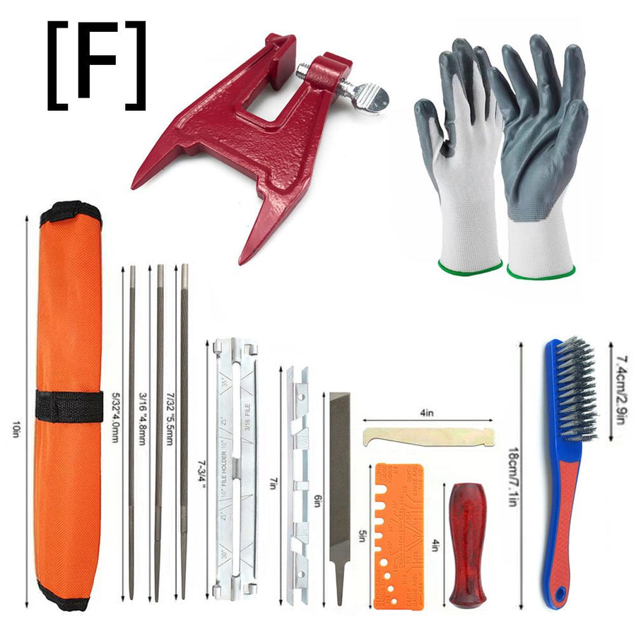 Chainsaw Chain Sharpening Kit with Roll-Up Pouch, Round Files, Flat File, Depth Gauge, Guide and Cleaning Tool for Outdoor Logging and Home Chainsaw Maintenance (E)