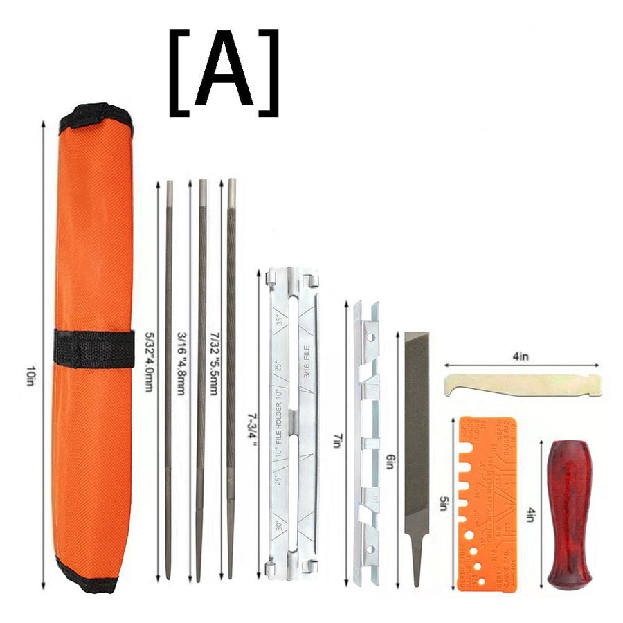 Chainsaw Chain Sharpening Kit with Roll-Up Pouch, Round Files, Flat File, Depth Gauge, Guide and Cleaning Tool for Outdoor Logging and Home Chainsaw Maintenance (E)