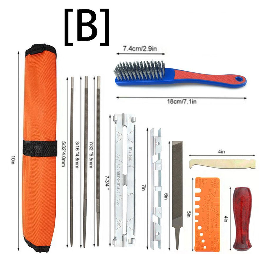 Chainsaw Chain Sharpening Kit with Roll-Up Pouch, Round Files, Flat File, Depth Gauge, Guide and Cleaning Tool for Outdoor Logging and Home Chainsaw Maintenance (E)