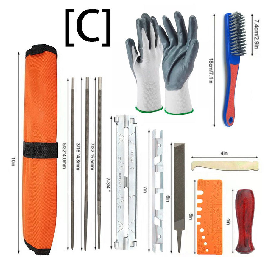 Chainsaw Chain Sharpening Kit with Roll-Up Pouch, Round Files, Flat File, Depth Gauge, Guide and Cleaning Tool for Outdoor Logging and Home Chainsaw Maintenance (E)