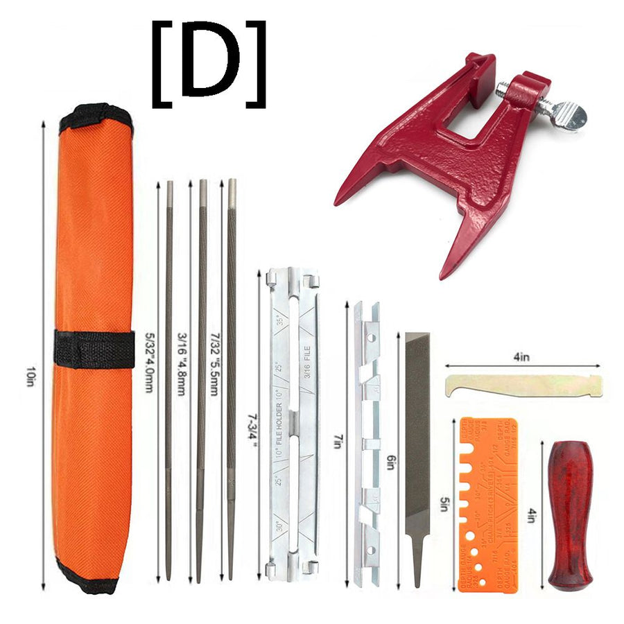 Chainsaw Chain Sharpening Kit with Roll-Up Pouch, Round Files, Flat File, Depth Gauge, Guide and Cleaning Tool for Outdoor Logging and Home Chainsaw Maintenance (E)