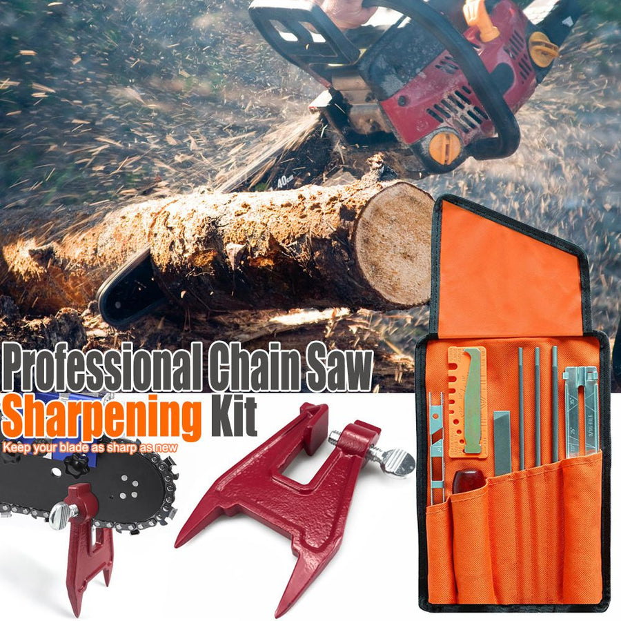 Chainsaw Chain Sharpening Kit with Roll-Up Pouch, Round Files, Flat File, Depth Gauge, Guide and Cleaning Tool for Outdoor Logging and Home Chainsaw Maintenance (F)