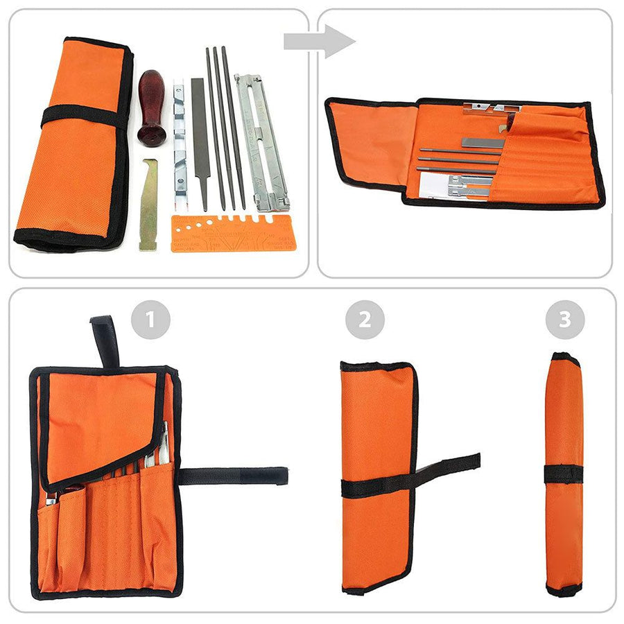 Chainsaw Chain Sharpening Kit with Roll-Up Pouch, Round Files, Flat File, Depth Gauge, Guide and Cleaning Tool for Outdoor Logging and Home Chainsaw Maintenance (F)
