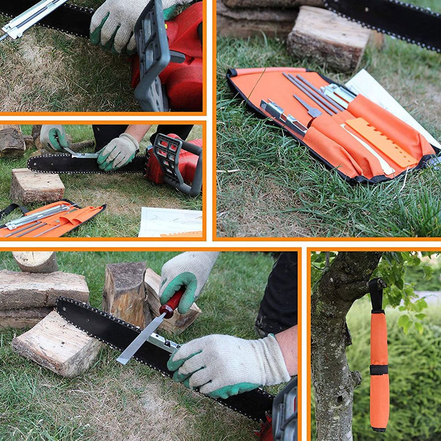 Chainsaw Chain Sharpening Kit with Roll-Up Pouch, Round Files, Flat File, Depth Gauge, Guide and Cleaning Tool for Outdoor Logging and Home Chainsaw Maintenance (F)