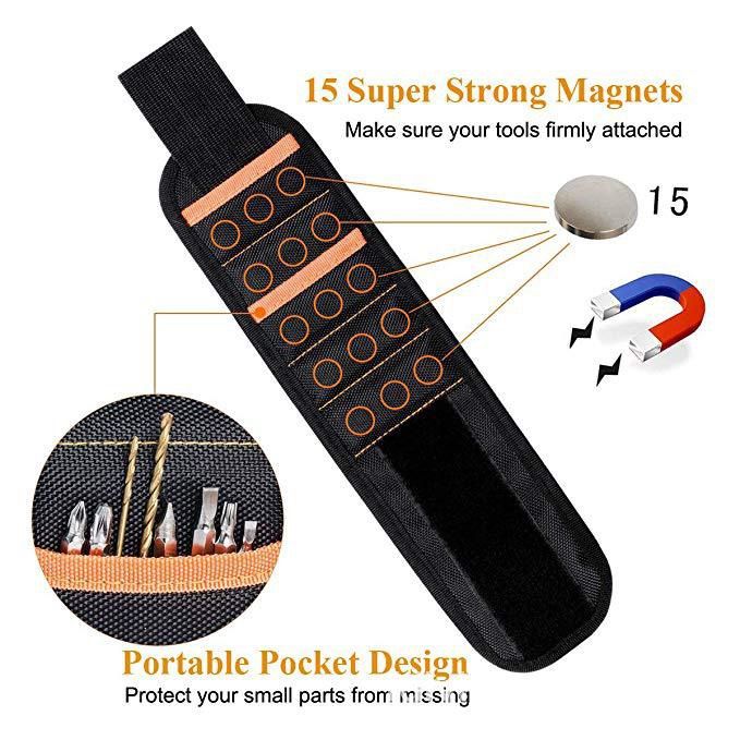 Magnetic Tool Wristband with 15 Strong Magnets and Storage Pocket – Hands-Free Screw, Nut, and Bit Holder for Home Improvement, Carpentry, Auto Repair, and DIY Projects, Adjustable Oxford Fabric Strap (Red, 1PCS)