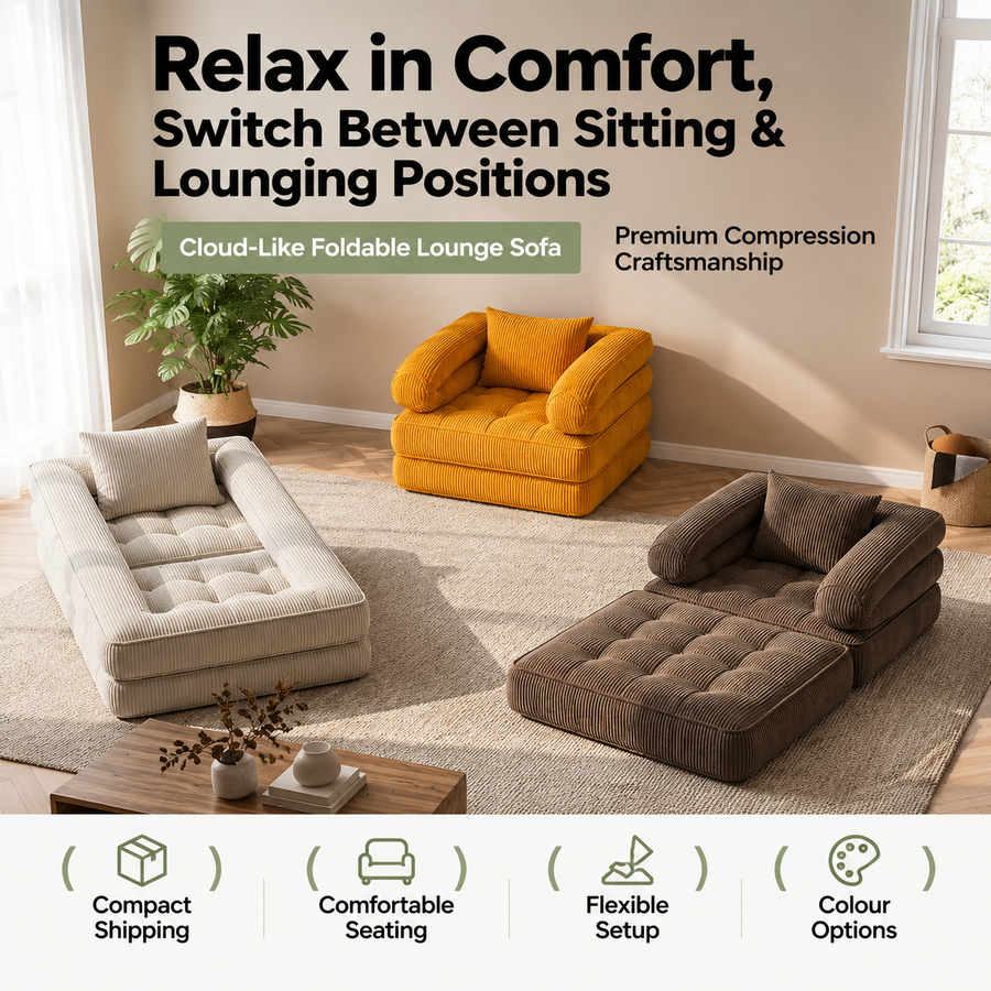 Foldable Multi-Functional Lounger Sofa with Corduroy Cover and High-Density Foam for Living Room Relaxation, Napping, and Lounging (Orange)