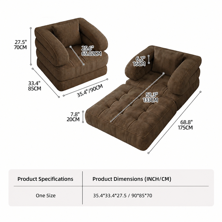 Foldable Multi-Functional Lounger Sofa with Corduroy Cover and High-Density Foam for Living Room Relaxation, Napping, and Lounging (Orange)