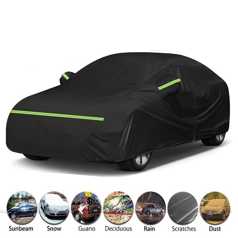 Waterproof Double-Layer Polyester Car Cover with Reflective Strips, Windproof Straps, Driver-Side Zipper, and All-Weather Protection for Outdoor Parking (XL)