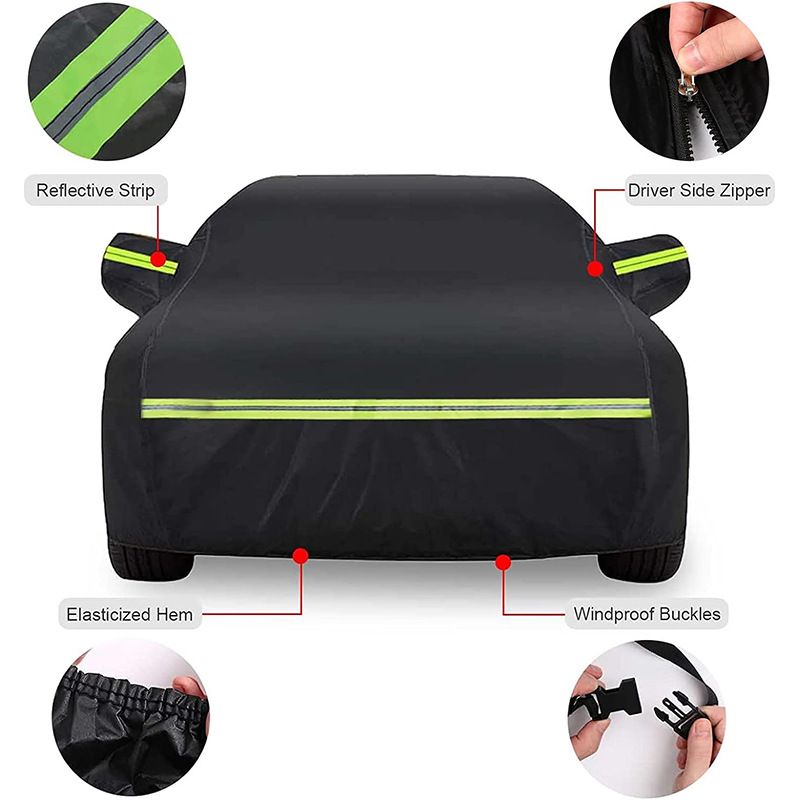 Waterproof Double-Layer Polyester Car Cover with Reflective Strips, Windproof Straps, Driver-Side Zipper, and All-Weather Protection for Outdoor Parking (XL)