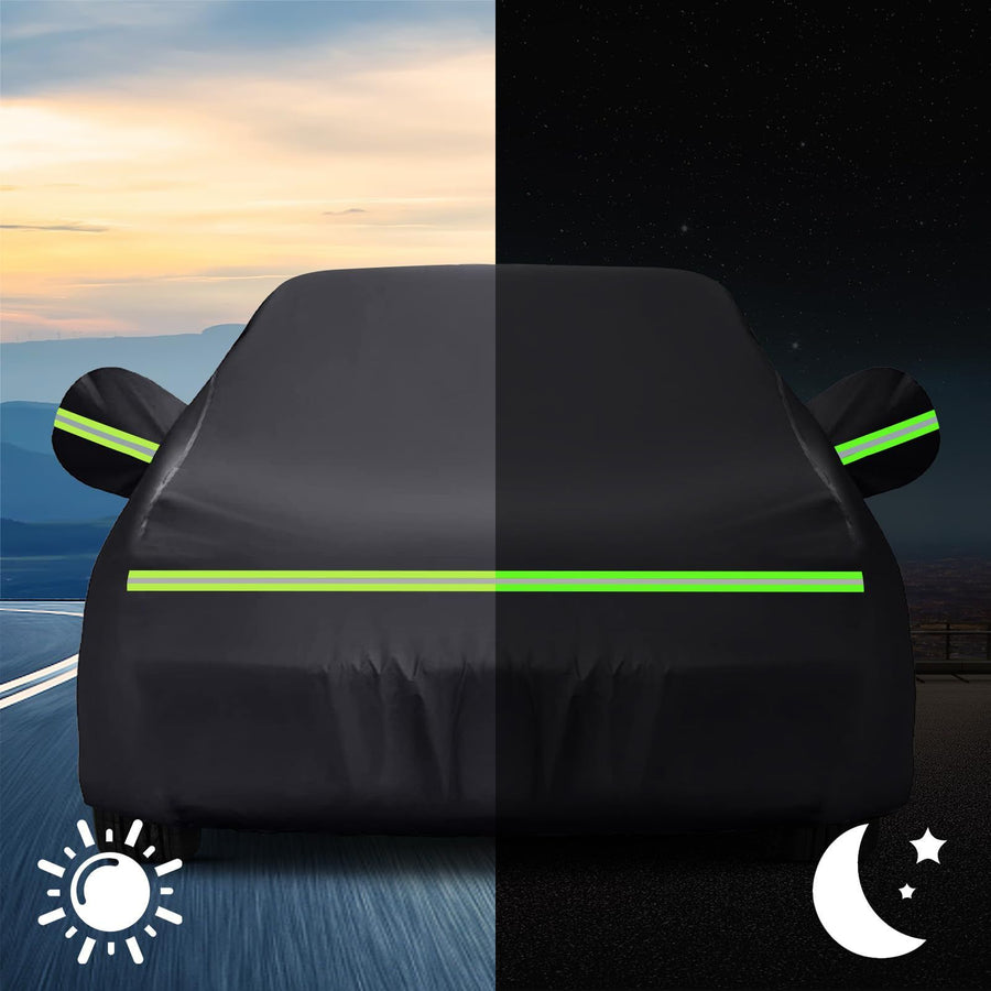 Waterproof Double-Layer Polyester Car Cover with Reflective Strips, Windproof Straps, Driver-Side Zipper, and All-Weather Protection for Outdoor Parking (XL)